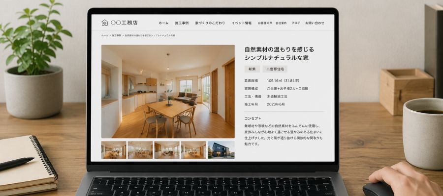 パソコンで施工事例ページを見ている写真