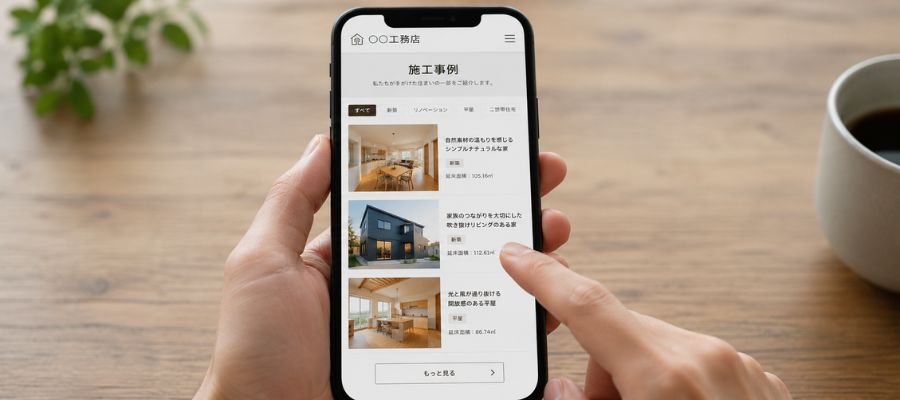 スマホで施工事例を見ている写真
