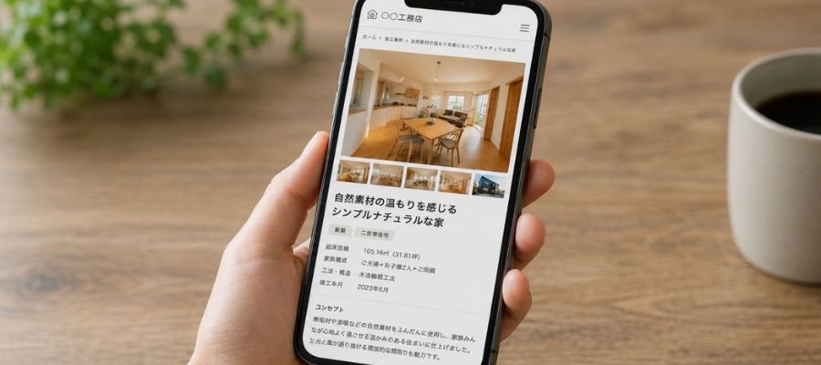 パソコンで施工事例を見ている写真