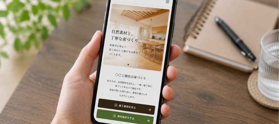 スマホで工務店のトップページを見ている写真