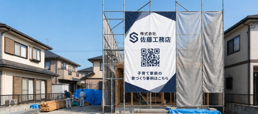 建築中の足場シート写真