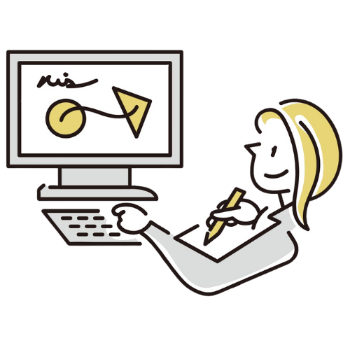 パソコンで販促物を制作する人物イラスト